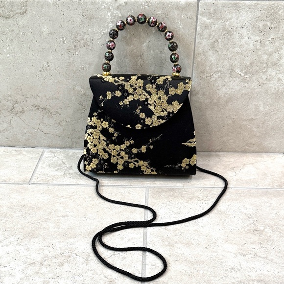 Elan Vintage black satin cherry blossom evening bag Cloisonné handle - Picture 2 of 8